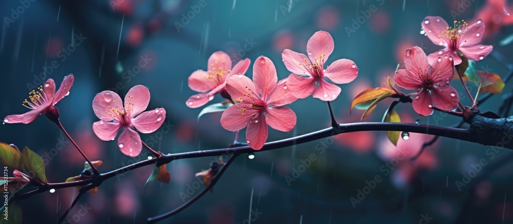 Autumn rain brings flowers with water drops, creating a blurry background.