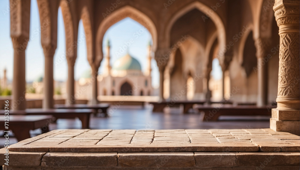 Empty stone table with blurry mosque background