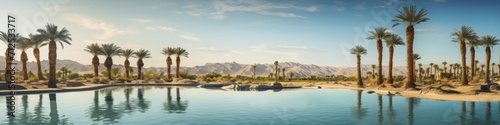 A surreal desert oasis panorama   where palm trees surround a pristine pool of water in a barren landscape