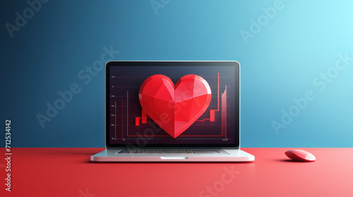 A digital heart pulses on a laptop screen against a red background, symbolizing online health management and telemedicine services. photo