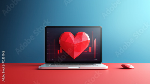 A digital heart pulses on a laptop screen against a red background, symbolizing online health management and telemedicine services.