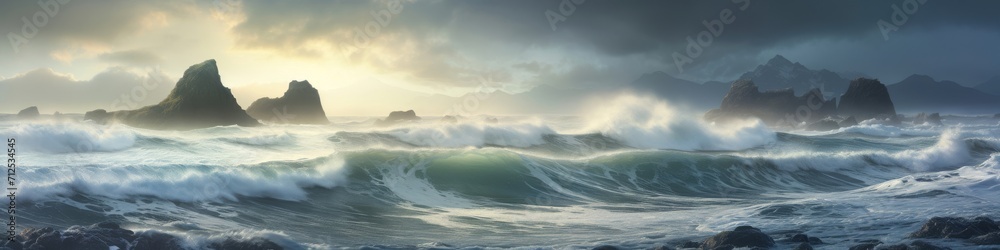 A dramatic coastal panorama during a storm,  with waves crashing against towering sea stacks