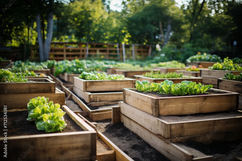 Vegetable garden in the city, wooden beds for growing vegetables, hobbies and recreation - obrazy, fototapety, plakaty 