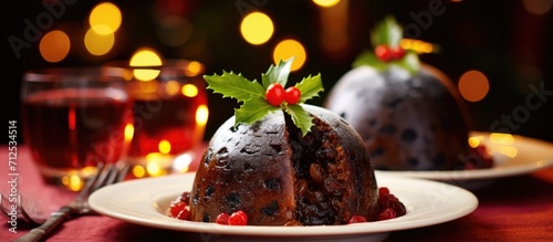 Christmas pudding made with dried fruit that is both sweet and spiced.