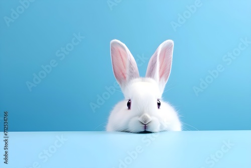 White bunny on a blue background, copy space. © Галя Дорожинська