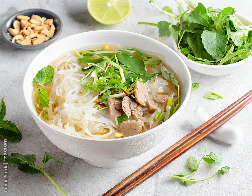 Pho soup. A traditional Vietnamese soup recognized for its fragrant broth, rice noodles, fresh herbs and meat variations. AI generation. Pho soup. A traditional Vietnamese soup recognized for its fragrant broth, rice noodles, fresh herbs and meat variations. AI generation.