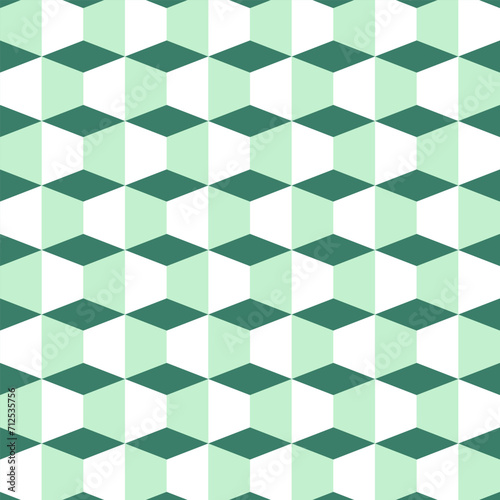 Seamless pattern design with cube geometric squares, 3D effect with white and green colors.