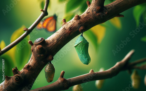 Butterfly pupa on a branch. Butterfly larva. Butterfly caterpillar. © nana