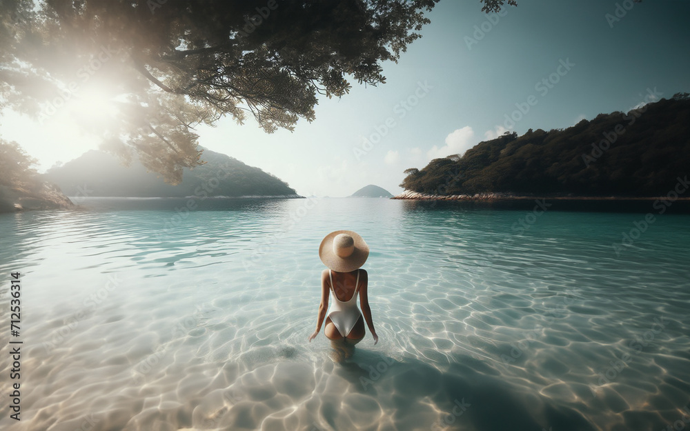 Girl wearing a hat walks into the sea Sea and mountains backdrop summer travel