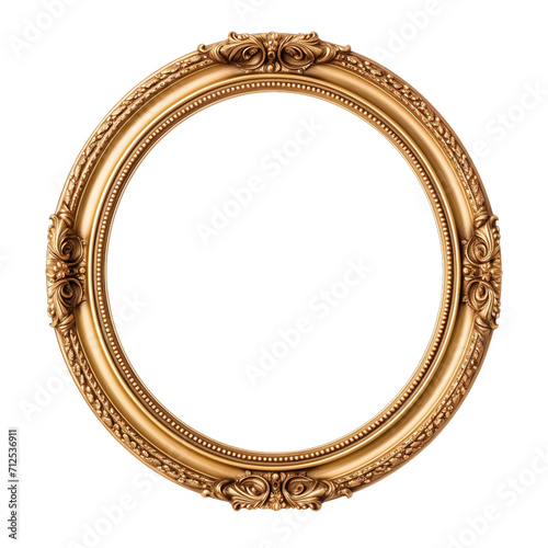 Golden vintage oval round photo frame isolated on transparent background. PNG file, cut out