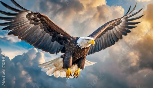 an eagle in flight, with majestic wings outstretched against a vivid sky, conveying a sense of freedom, power, and grace.  photo