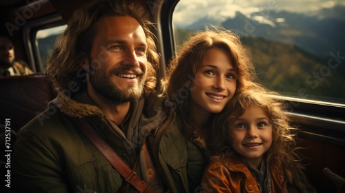 happy family enjoying trip in comfortable train through the mountains. © Алина Бузунова
