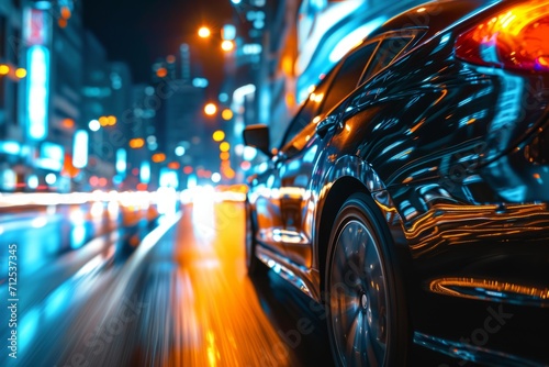 Car speeding through a nighttime city with lights