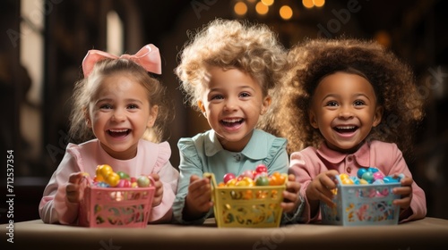 three kids holding easter baskets. photo