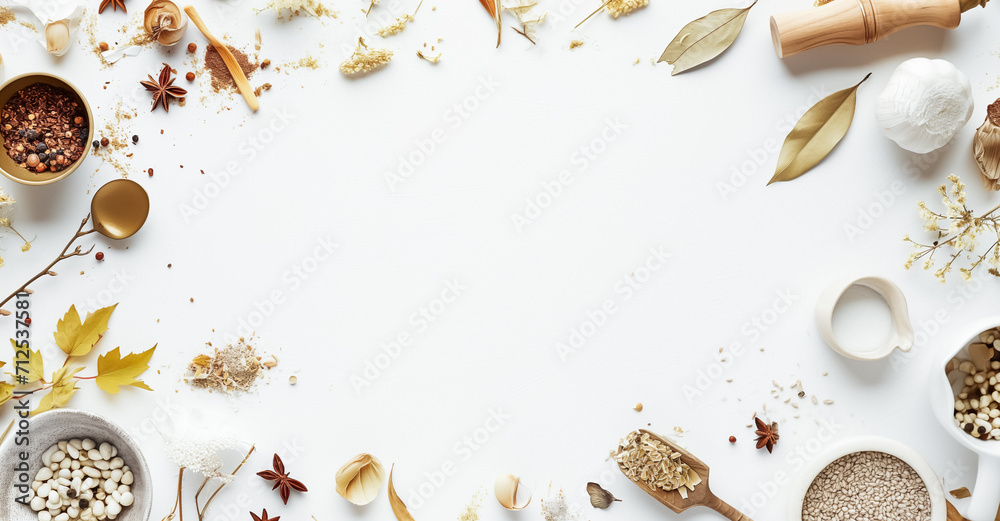 Assorted spices and herbs frame a white background, including star anise, bay leaves, and garlic; ideal for culinary themes or recipe backgrounds. Copy space in the centre, autumn mood. - obrazy, fototapety, plakaty 