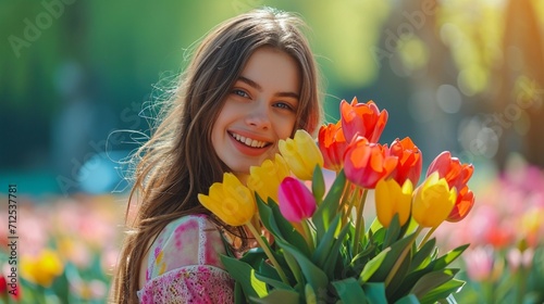 Happy young teen holding a bouquet of vibrant tulips while enjoying the Easter festivities