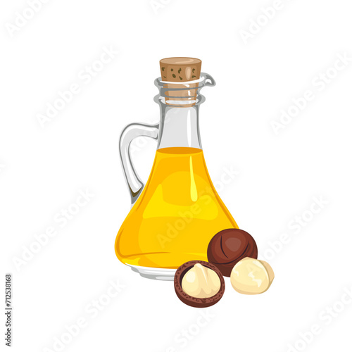 Macadamia oil in glass bottle isolated on white. Vector cartoon food illustration. 