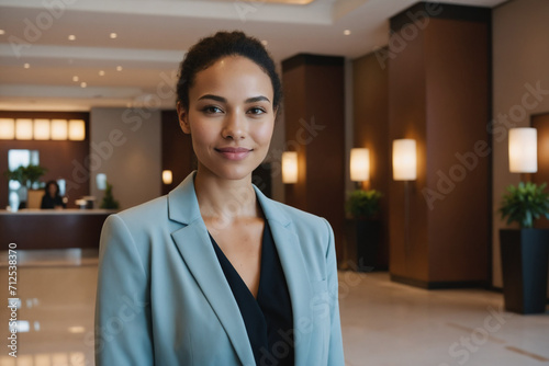 young age multiracial businesswoman standing in modern hotel lobby