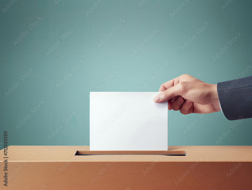 Close-up of a man's hand putting a voting sheet into a cardboard ballot box on a blue background. - obrazy, fototapety, plakaty 