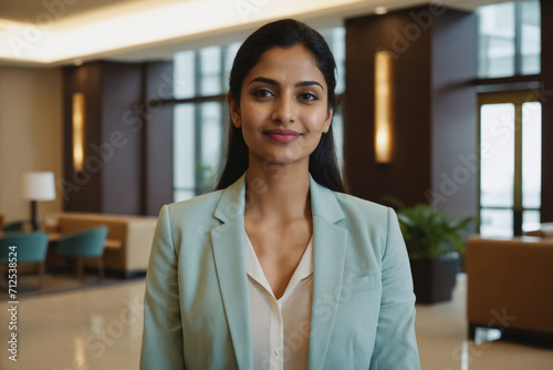 young age south asian businesswoman standing in modern hotel lobby photo