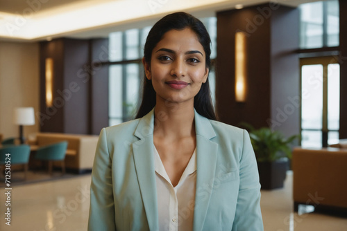 young age south asian businesswoman standing in modern hotel lobby