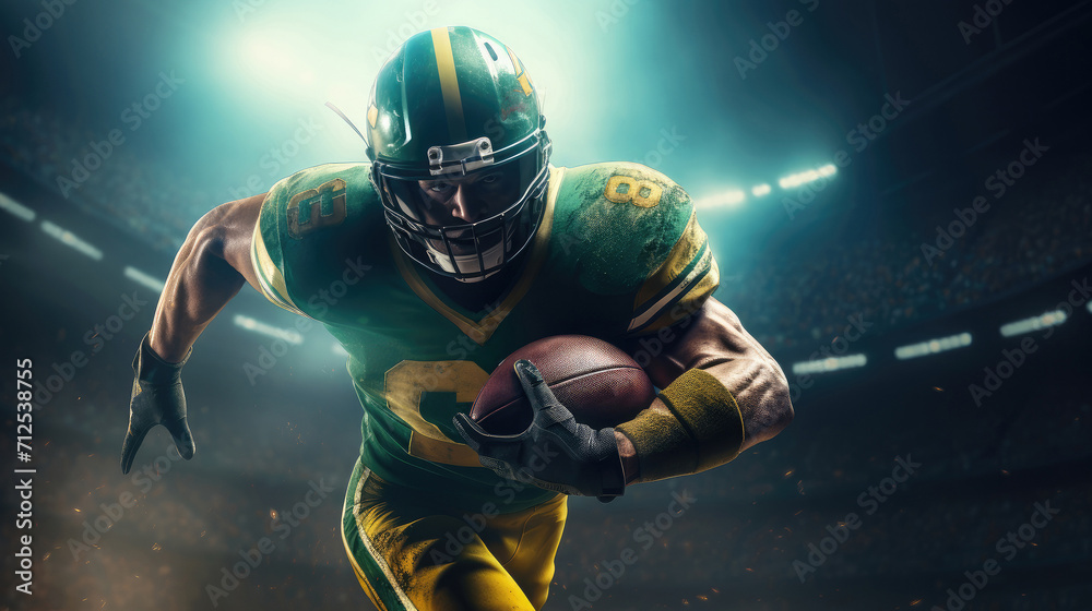 Fototapeta premium American football quarterback player with the ball runs in the stadium.