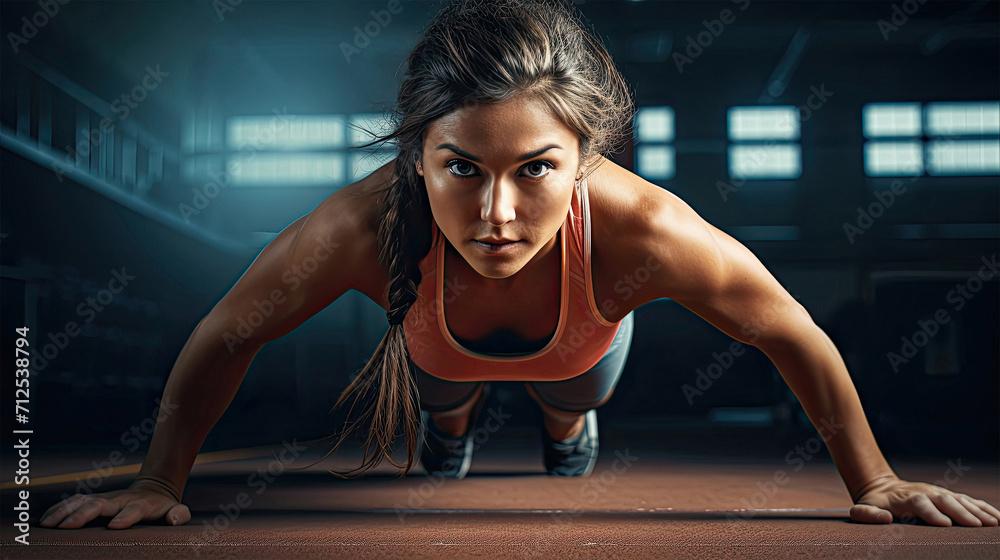 Athletic girl doing push-ups on the floor in the gym. Athletic girl doing push-ups on the floor in the gym.