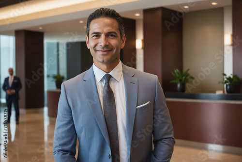 middle age hispanic businessman standing in modern hotel lobby
