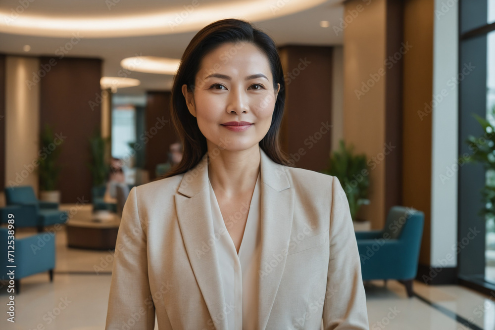 middle age southeast asian businesswoman standing in modern hotel lobby middle age southeast asian businesswoman standing in modern hotel lobby