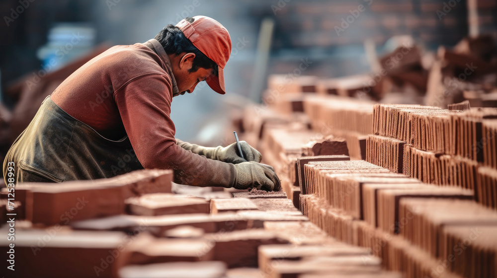Builder worker laying a brick wall. Red brick production and warehouse. - obrazy, fototapety, plakaty 