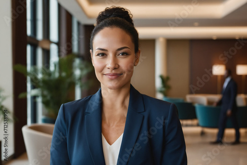 middle age multiracial businesswoman standing in modern hotel lobby