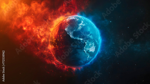 Planeta tierra dividido en dos partes, una atmósfera azul y la otra atmósfera ardiendo como símbolo del cambio climático