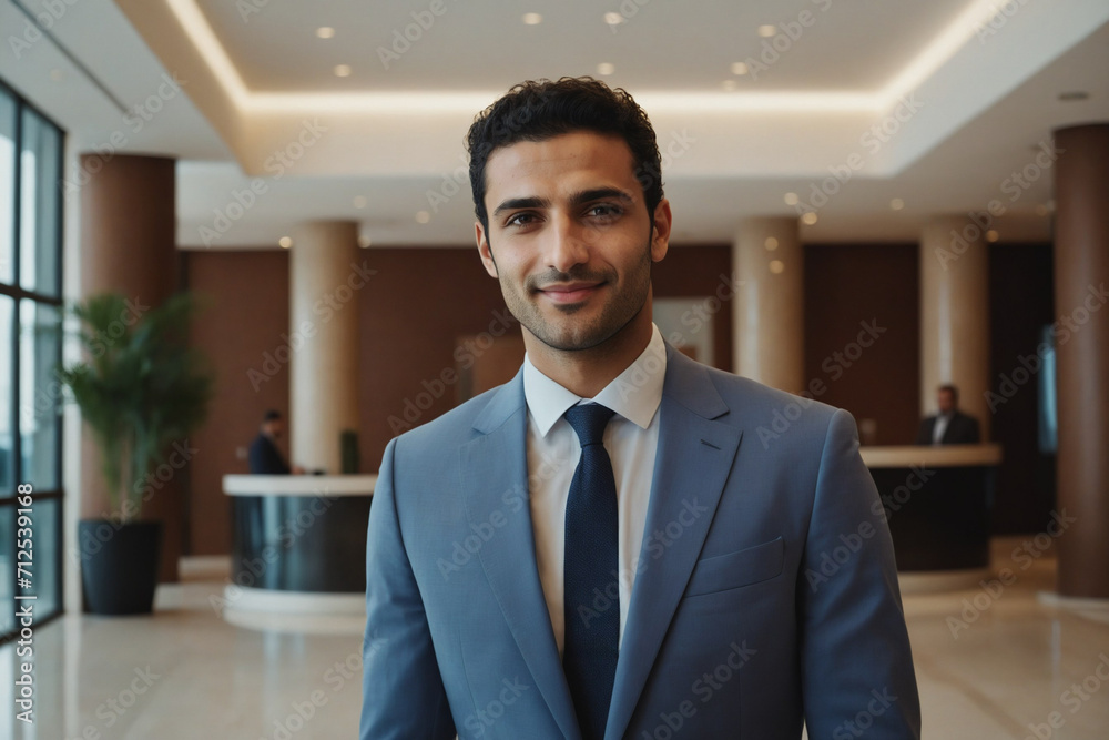 Naklejka premium young age middle eastern businessman standing in modern hotel lobby