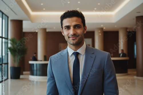 young age middle eastern businessman standing in modern hotel lobby photo