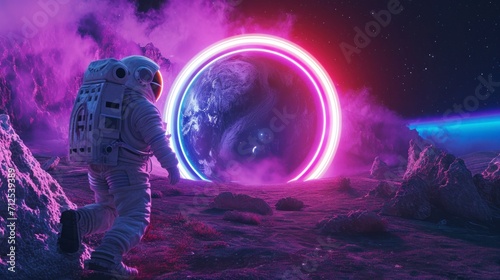 astronaut walking to a portal on another planet