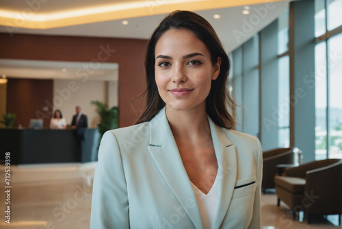 young age latin businesswoman standing in modern hotel lobby