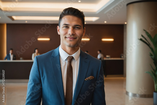 young age indigenous businessman standing in modern hotel lobby photo