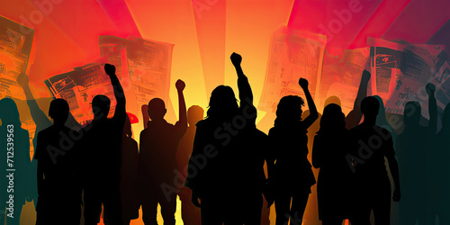 Black silhouette of a group of striking people with banners and newspapers against a red sky background.