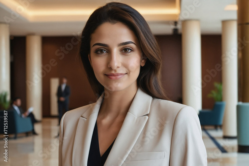 young age middle eastern businesswoman standing in modern hotel lobby