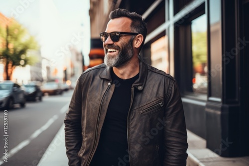Portrait of a handsome bearded man in sunglasses and a leather jacket. © Igor