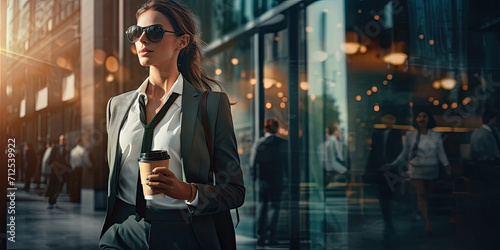 A business woman with a cup of coffee or tea walks down the street with glass showcase of a business center background. photo