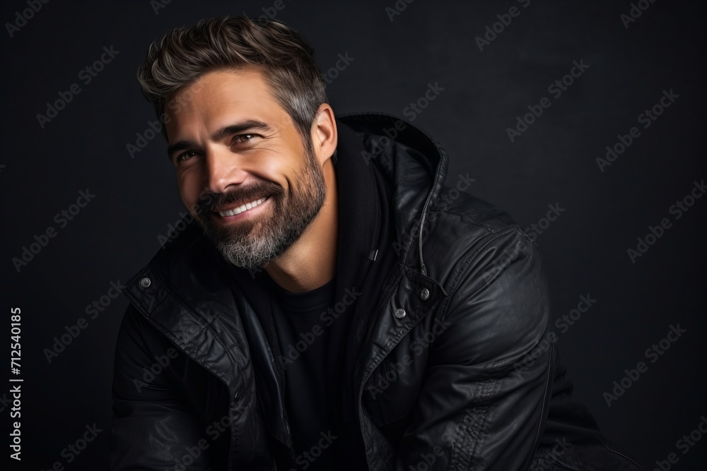 Portrait of a handsome young man in a leather jacket. Men's beauty, fashion.