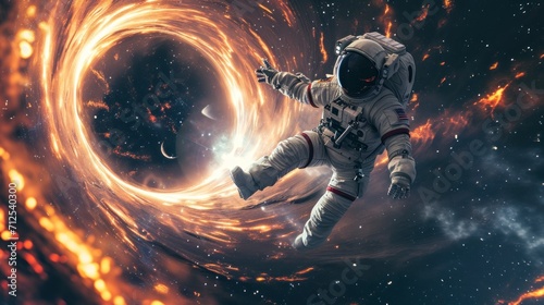 astronaut on his back falling into a black hole in the universe in high definition © Marco