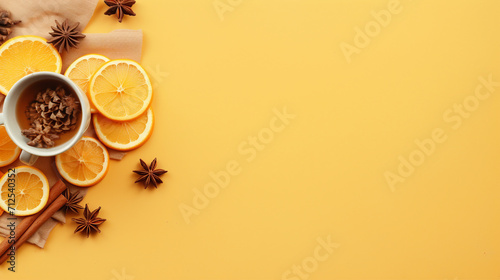 Embrace the Cozy Season: Top View Photo of Knitted Scarf, Cup of Tea, and Autumn Delights on a Pastel Orange Background - Warmth and Tranquility Captured in Fall Still Life Composition