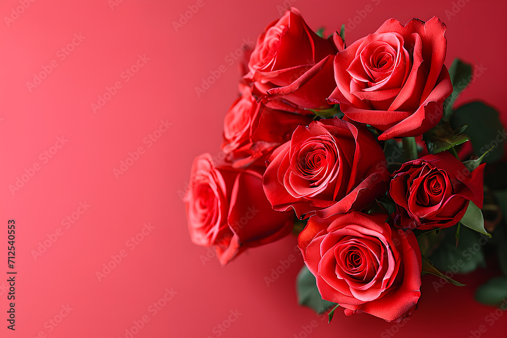 Bouquet of beautiful rose flowers on red background. Valentine's Day celebration
Bouquet of beautiful rose flowers on red background. Valentine's Day celebration