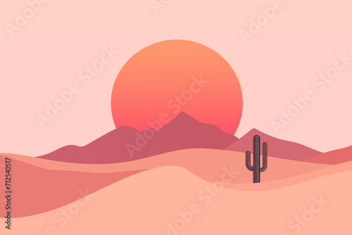Abstract minimalistic desert landscape. Mountains, sand dunes and cactus. Vector illustration of a Wild West desert with red sun and sky. Design element for banner, flyer, card, template.