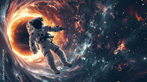astronaut on his back falling into a black hole in the universe in high definition HD © Marco