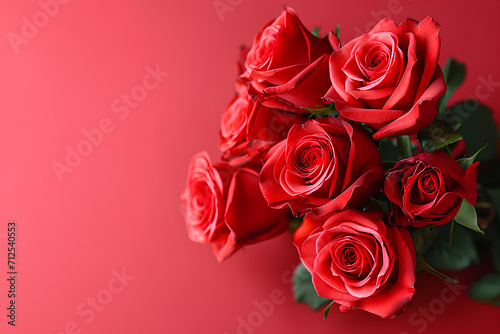 Bouquet of beautiful rose flowers on red background. Valentine s Day celebration 