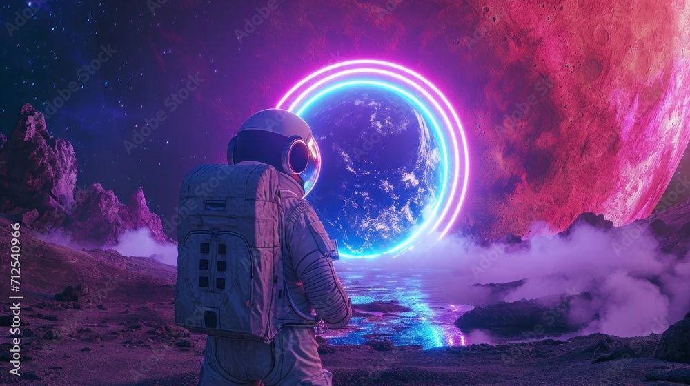 astronaut seeing a neon portal on another planet in the universe