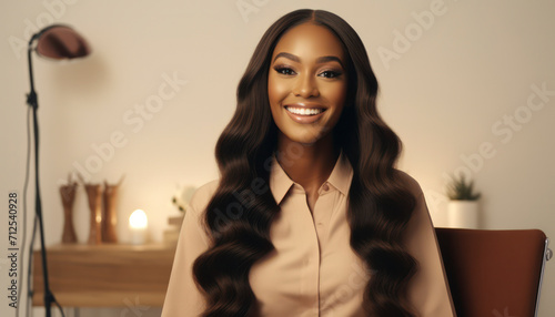 Joyful African American Beauty: Happy Young Woman's Studio Portrait with Attractive Features and Curly Hair - Banner of Fashionable Elegance, Charm, and Natural Glamour